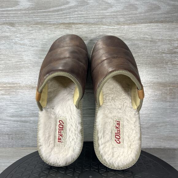 Olukai Men's Mua Ili Sheepskin Lining Brown Leather Slippers Size 8 - Picture 6 of 9
